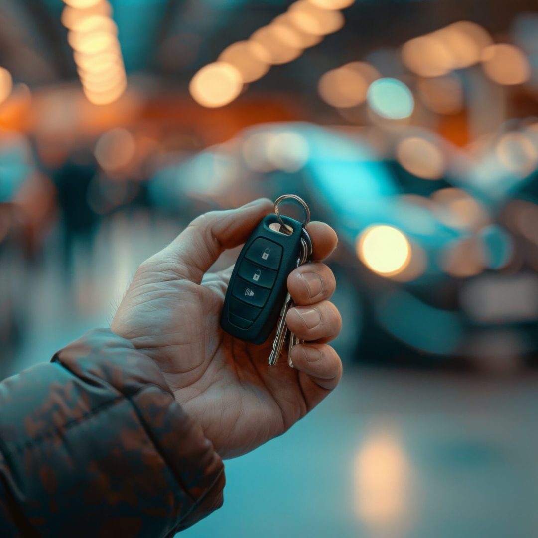 hand holding a cars key. used car automotive seller. blurred car auction in the background.